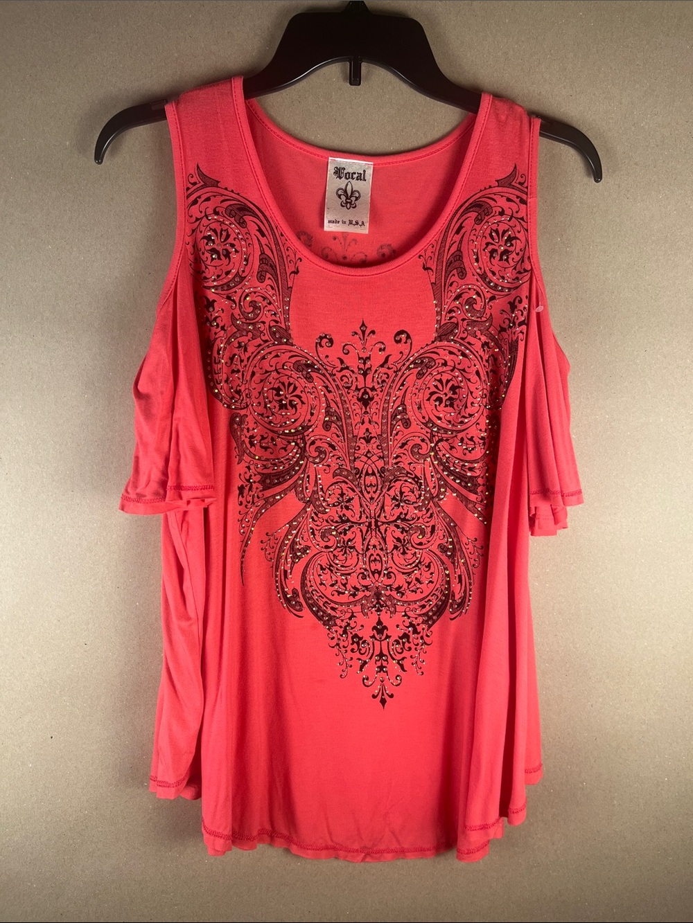 Vocal USA Cold Shoulder Rhinestone Top S Coral Filigree Bling Boho Western